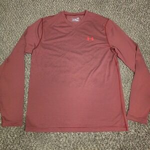 Under Armour Mens ColdGear Fitted V-Neck Long Sleeve Striped Shirt Red Large